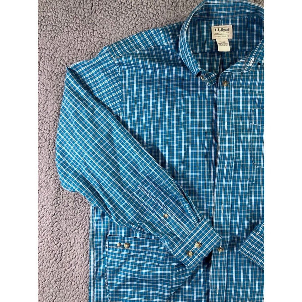 LL‎ Bean Mens Large Traditional Fit Plaid Button Down Shirt Blue Orange - Picture 8 of 15